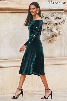 Sosandar Green Velvet Embellished Sleeve Bardot Dress (K39452) | $163