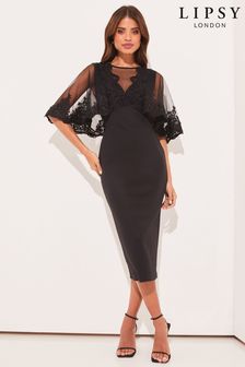 Lipsy Black Artwork Lace Sheer Sleeve Bodycon Midi Dress (K39517) | DKK681