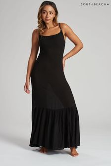 South Beach Black Crinkle Strappy Beach Maxi Dress (K39669) | $83