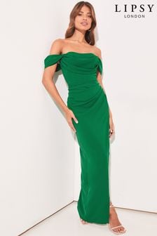 Zielony - Drapowana sukienka bardot maxi Lipsy z rozclotem (K39832) | 522 zł
