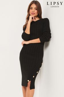 Lipsy Black Knitted Button Detail Ribbed Bodycon Jumper Dress (K40046) | €39