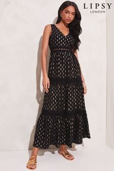 Lipsy Black Foil Printed Metallic V Neck Crochet Lace Trim Maxi Dress (K40048) | €29