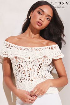 Lipsy White Crochet Ruffle Bardot Sleeveless Knitted Top (K40049) | INR 3,574