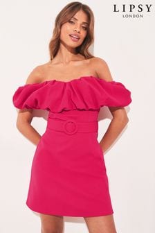 Lipsy Pink Petite Belted Ruffle Bardot Mini Dress (K40094) | €22.50