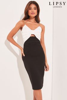 Lipsy Black/White Cut Out Bow Chain Strap Midi Dress (K40174) | €38