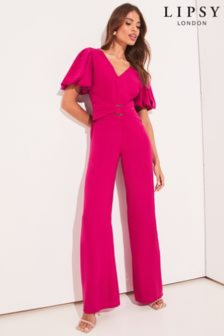Lipsy Purple V Neck Puff Sleeve Ring Detail Straight Leg Jumpsuit (K40179) | INR 6,136