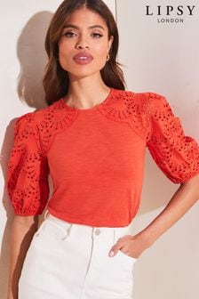 Lipsy Red Broderie Short Sleeve Round Neck Top (K40182) | €13