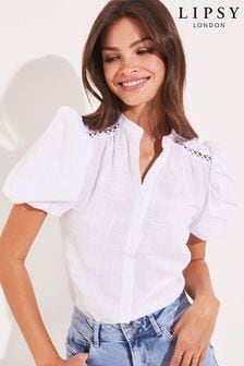 Белый - Льняная рубашка на пуговицах с пышными рукавами и вышивкой ришелье Lipsy (K40187) | 18 290 тг