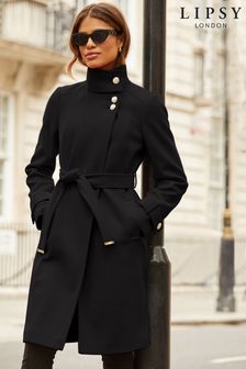Lipsy Black Petite Military Button Wrap High Neck Belted Coat (K40193) | kr1,155