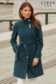 Lipsy Teal Green Petite Military Button Wrap High Neck Belted Coat (K40194) | €103