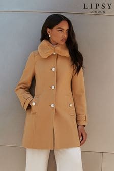 Lipsy Camel Faux Fur Collar Military Button Coat (K40197) | €36