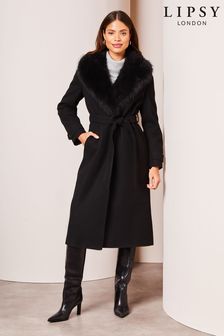Lipsy Black Faux Fur Collar Belted Longline Wrap Coat (K40198) | 146 €