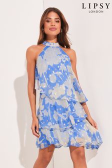 Lipsy Blue Print Petite Print Metallic Halter Tiered Mini Dress (K40204) | €37