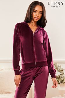 Lipsy Berry Red Petite Embroidered Patch Velour Zip Up Hoodie (K40392) | INR 2,818