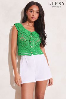 Lipsy Green Crochet Ruffle Bardot Sleeveless Knitted Top (K40467) | 26 €