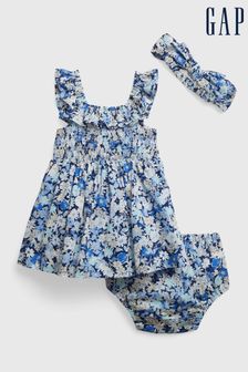 Set rochie Floral Volane Fără mânecă skater, chiloți și bentiță Gap albastru - Bebeluș (K40536) | 203 LEI