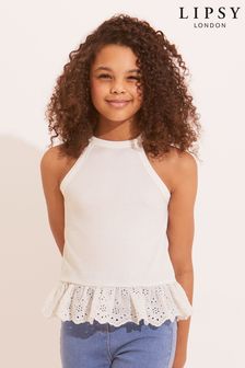 Lipsy White Halter Ribbed Broderie Ruffle Hem Top (K40827) | €7.50 - €11.50