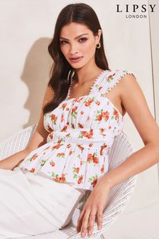 Lipsy White Rose Print Tiered Ruffle Linen Cami With A Touch Of Linen (K40834) | 107 zł
