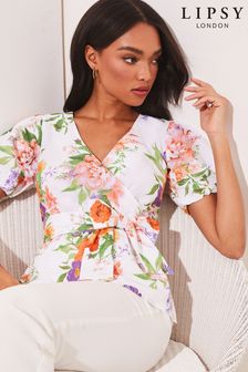 Lipsy White Floral Wrap Belted Short Puff Sleeve Top With A Touch Of Linen (K40835) | 99 zł