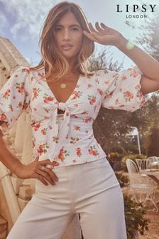 Lipsy White Floral Print V Neck Tie Front Puff Sleeve Top With A Touch Of Linen (K40839) | €19