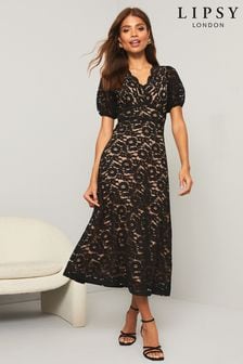 Lipsy Black Lace Prom Scallop V Neck Puff Sleeve Midi Dress (K40856) | $156