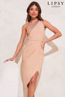Lipsy Nude One Shoulder Two Tone Bodycon Dress (K40902) | $100