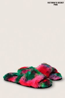 Victoria's Secret PINK Dahlia Blur Red Green Faux Fur Open Toe Slipper (K40978) | €30