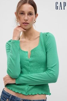 Gap Green Featherweight Smocked Button-Front Top (K41232) | €11.50