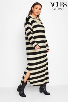 Cream & Black - Yours Curve Luxury Soft Touch Scollared Stripe Dress (K41411) | kr900