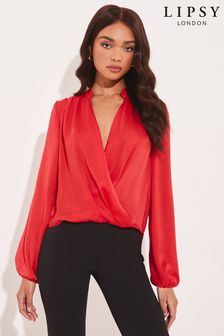 Lipsy Red Grandad Collar Long Sleeve Wrap Blouse (K41506) | 78 zł