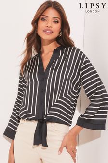 Lipsy Black Stripe Kimono Tie Front Button Up Shirt (K41592) | DKK297