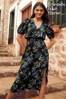 Friends Like These Black Floral Puff Sleeve Ruched Waist V Neck Midi Summer Dress (K41691) | 23 €