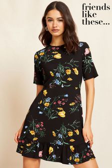 Friends Like These Black Floral Short Sleeve Round Neck Ruffle Hem Mini Dress (K41726) | 13,120 Ft