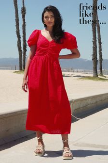Friends Like These Red Broderie Sweetheart Ruched Neck 3D Puff Sleeve Midi Dress (K41753) | $64