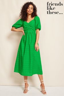 Friends Like These Green Broderie Sweetheart Ruched Neck 3D Puff Sleeve Midi Dress (K41754) | €29
