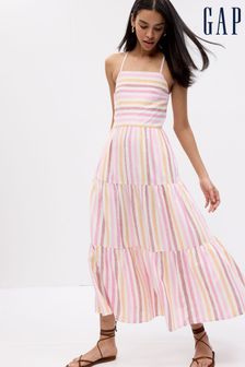 Gap Pink / Yellow Linen-Blend Tie-Back Tiered Sleevless Maxi Dress (K42203) | €46