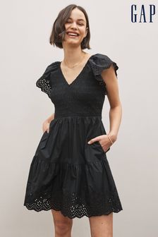 Gap Black Tiered V-Neck Broderie Flutter Sleeve Mini Dress (K42219) | €47