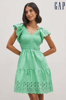 Gap Green Tiered V-Neck Broderie Flutter Sleeve Mini Dress (K42220) | €43