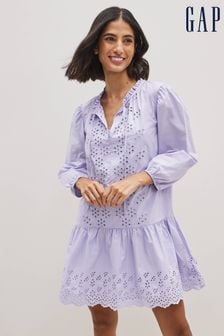 Gap Purple Broderie Round Neck Long Puff Sleeve Mini Dress (K42246) | €43