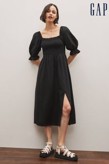 Gap Black Linen Blend Puff Sleeve Square Neck Midi Dress (K42248) | €34
