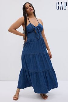 Gap Blue TieFront Sleeveless Tiered Denim Maxi Dress (K42266) | €46