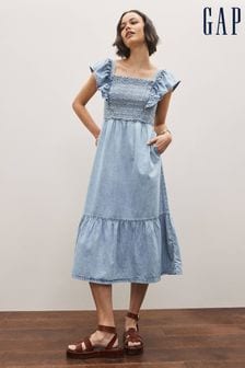 Gap Blue Smocked Short Flutter Sleeve Denim Midi Dress with Washwell (K42268) | €34
