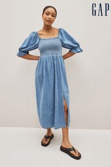 Gap Blue Puff Sleeve Square Neck Denim Midi Dress (K42360) | €43