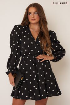 Girl In Mind Black polka dot Petite Eve Short Puff Sleeve Wrap Mini Dress (K42432) | €33