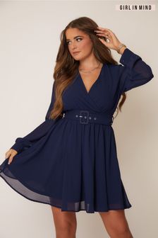 Girl In Mind Navy Long Sleeve Belted Mini Dress (K42454) | €27