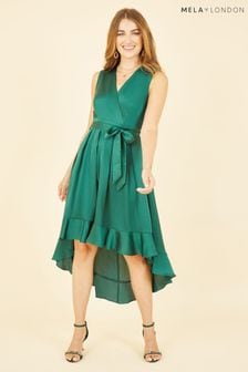 Mela Green Satin Dipped Hem Wrap Over Midi Dress (K42590) | €29