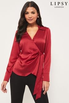 Lipsy Berry Red Wrap Side Tie Satin Shirt (K42620) | 120 zł