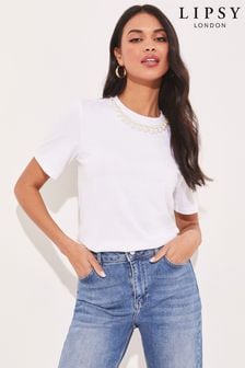 Lipsy White Pearl Necklace Trim T-Shirt (K42623) | INR 2,575