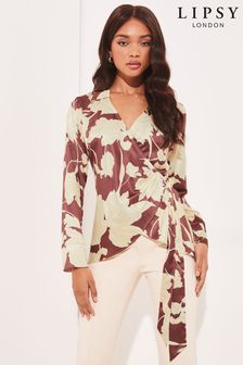 Lipsy Brown Print Wrap Side Tie Satin Shirt (K42638) | €21