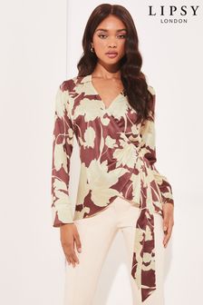 Lipsy Brown Print Wrap Side Tie Satin Shirt (K42638) | 126 zł